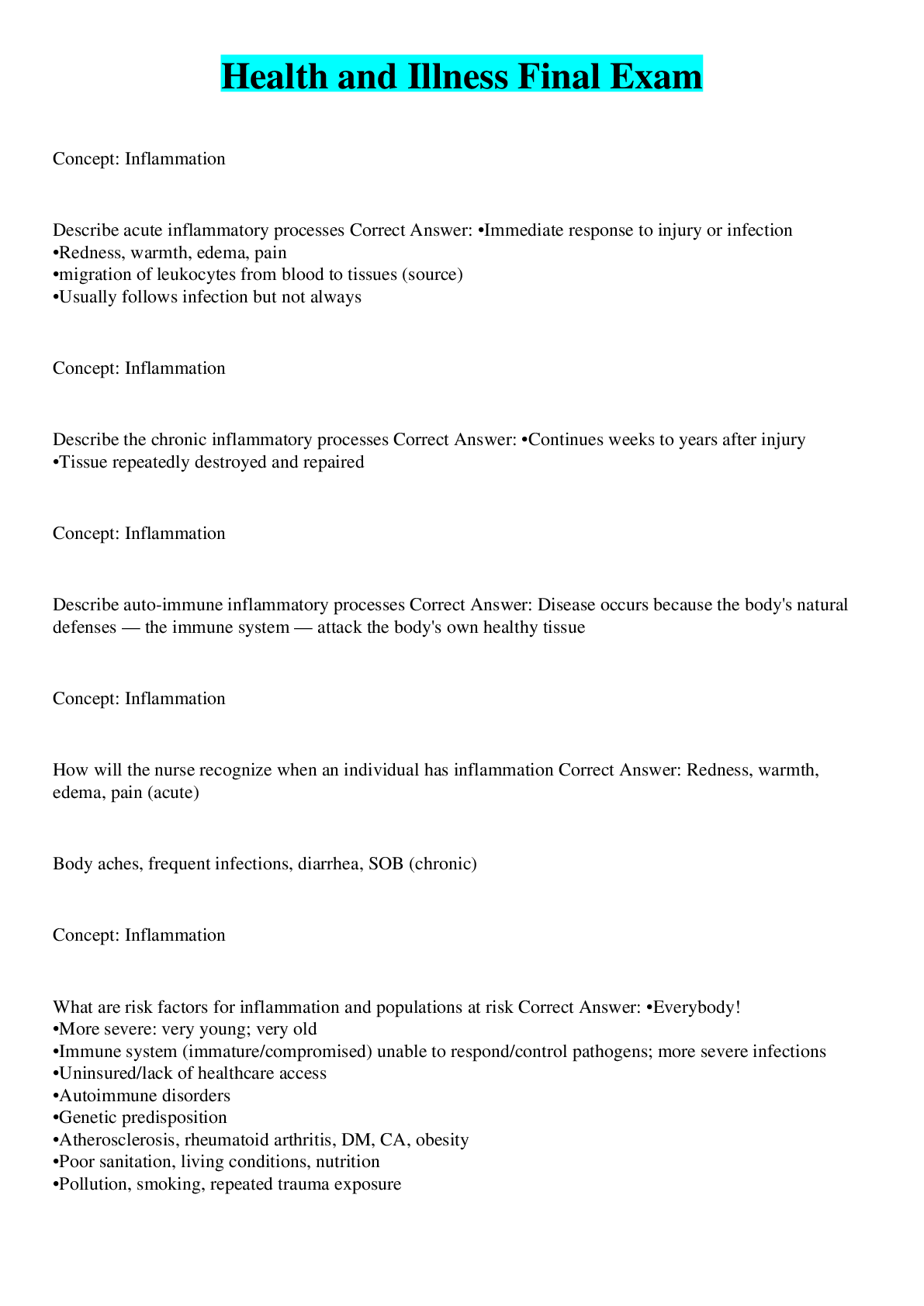 Preview image of Health and Illness Final Exam document